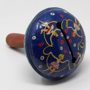 Vintage Blue Metal Noisemaker Rattle Featuring Girls Jumping Rope & Wooden Handl